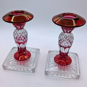 Vtg Westmoreland Glass Candlesticks Cranberry Ruby Red Flash Clear Cut Pair 5.5"